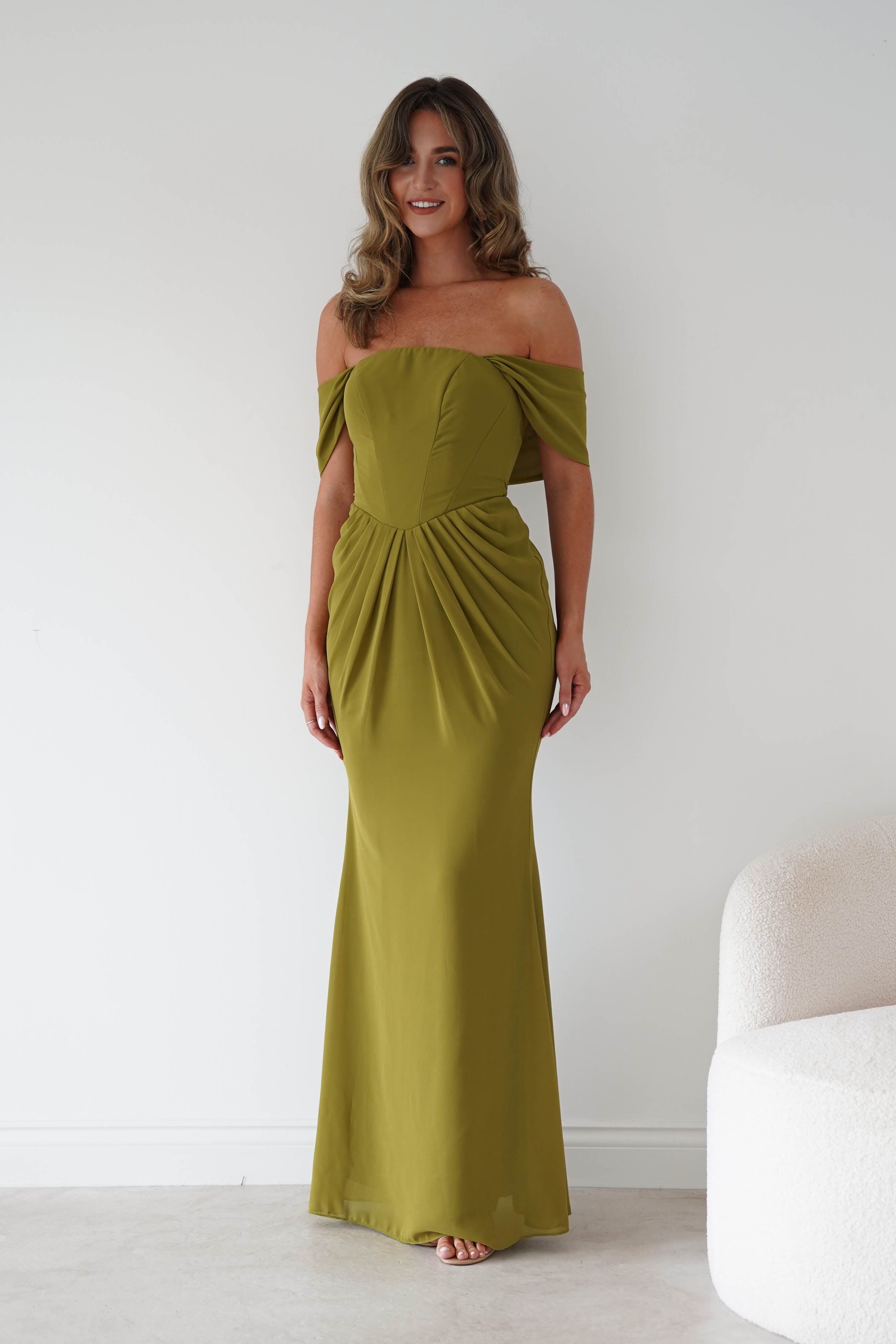 Oh Hello Clothing Women > Clothing > Dresses Willow Bardot Draped Maxi Dress | Chartreuse Green
