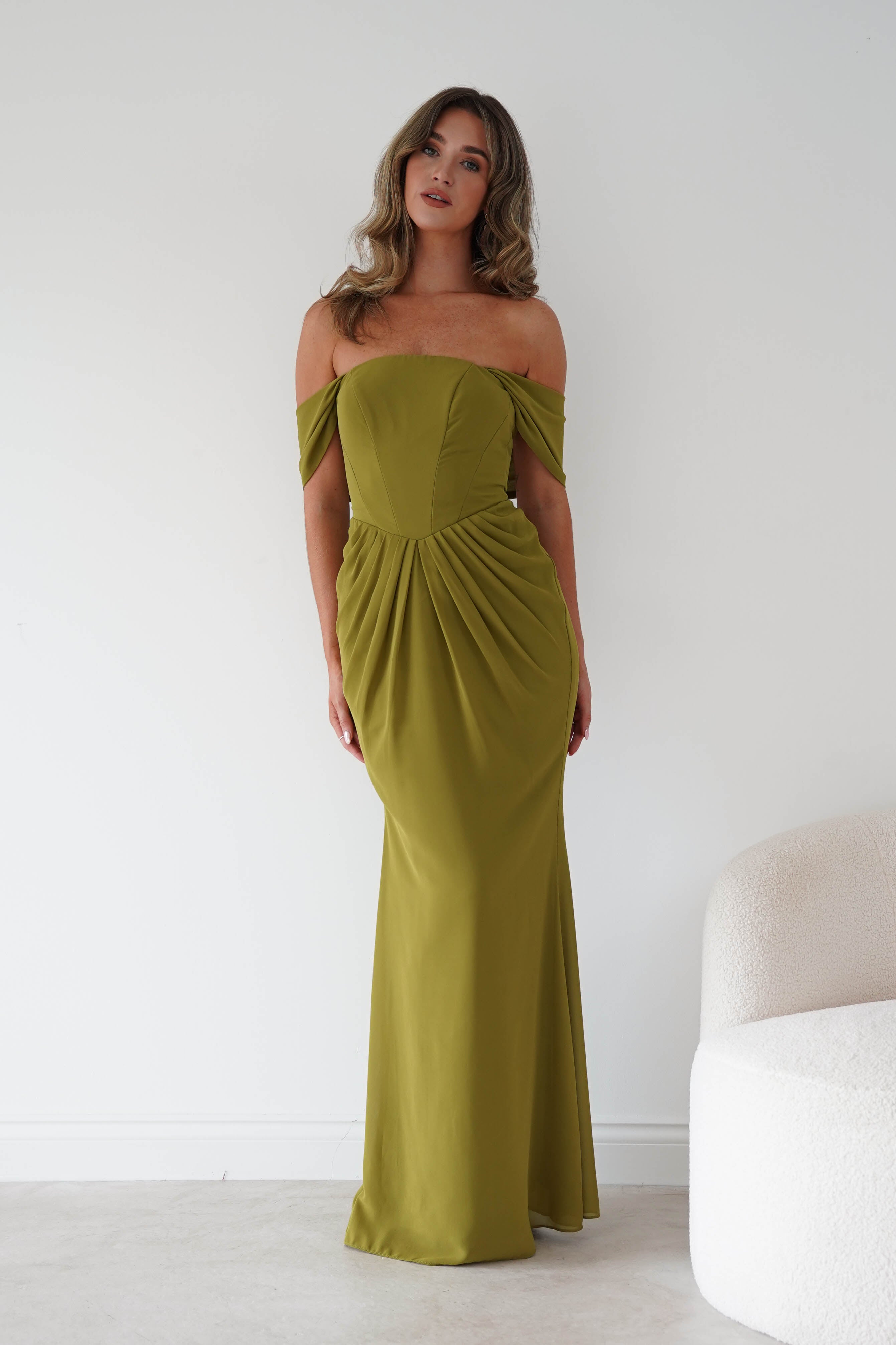 Oh Hello Clothing Women > Clothing > Dresses Willow Bardot Draped Maxi Dress | Chartreuse Green