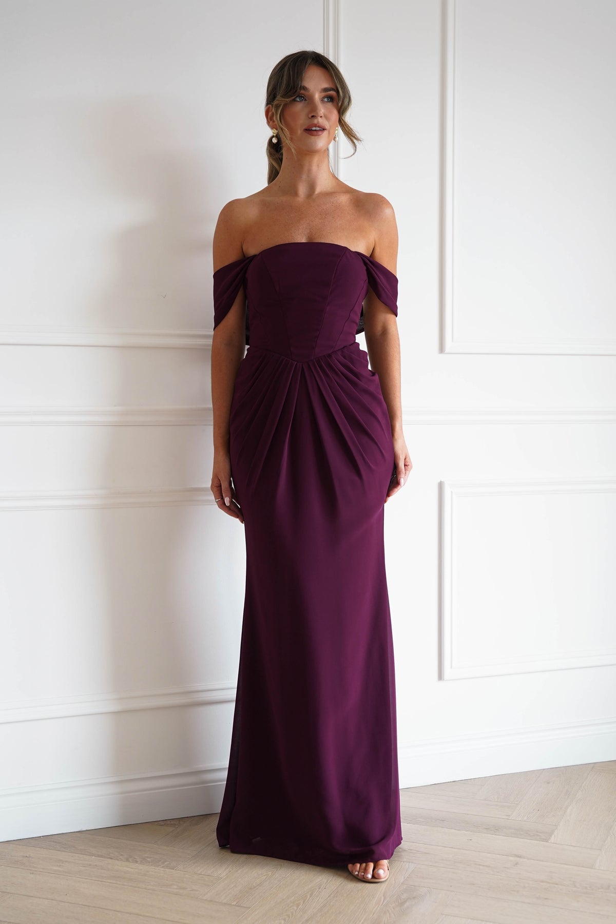 Oh Hello Clothing Women > Clothing > Dresses Willow Bardot Draped Maxi Dress | Wine