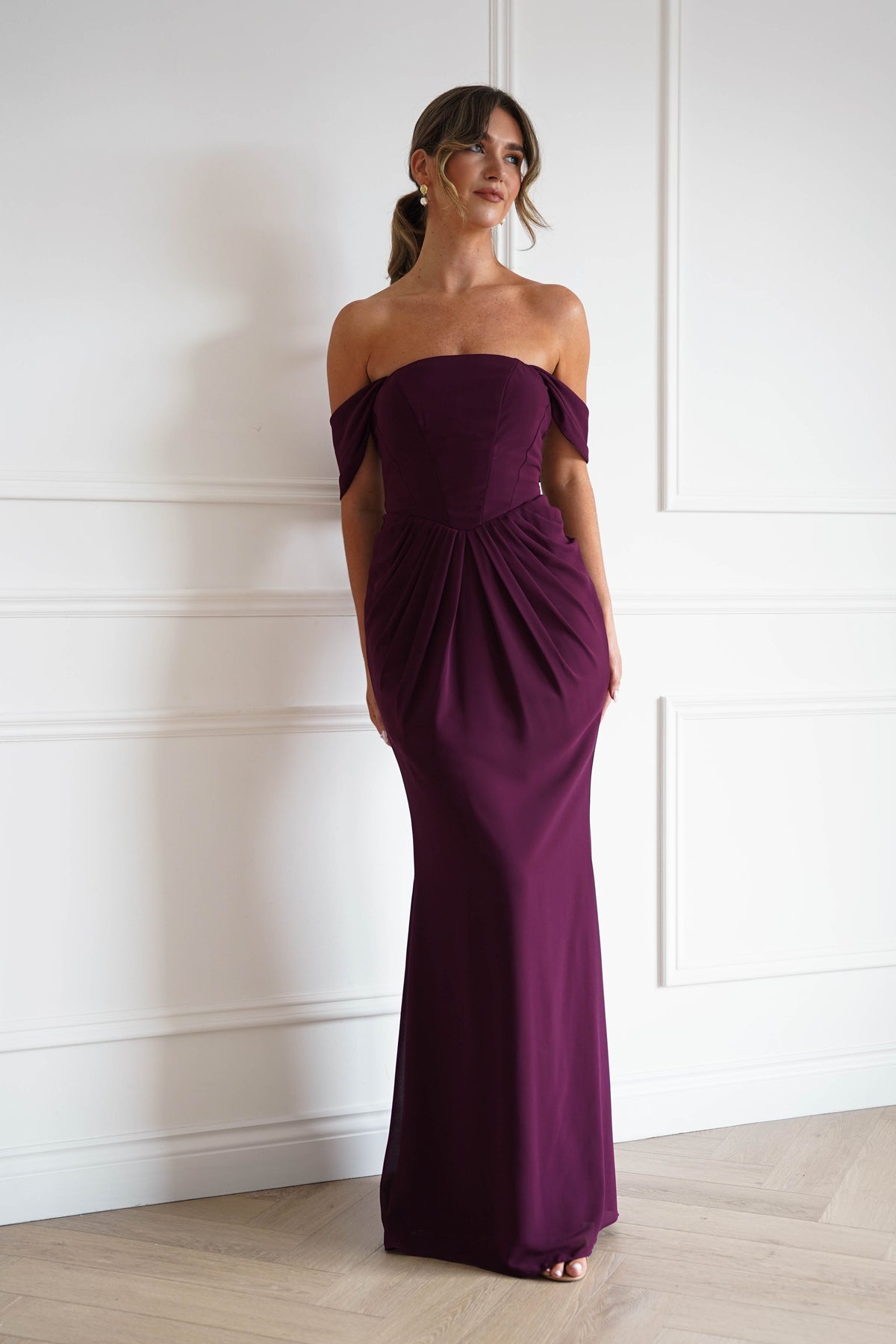 Oh Hello Clothing Women > Clothing > Dresses Willow Bardot Draped Maxi Dress | Wine