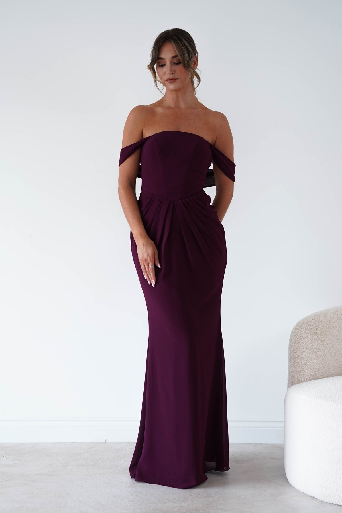 Oh Hello Clothing Women > Clothing > Dresses Willow Bardot Draped Maxi Dress | Wine