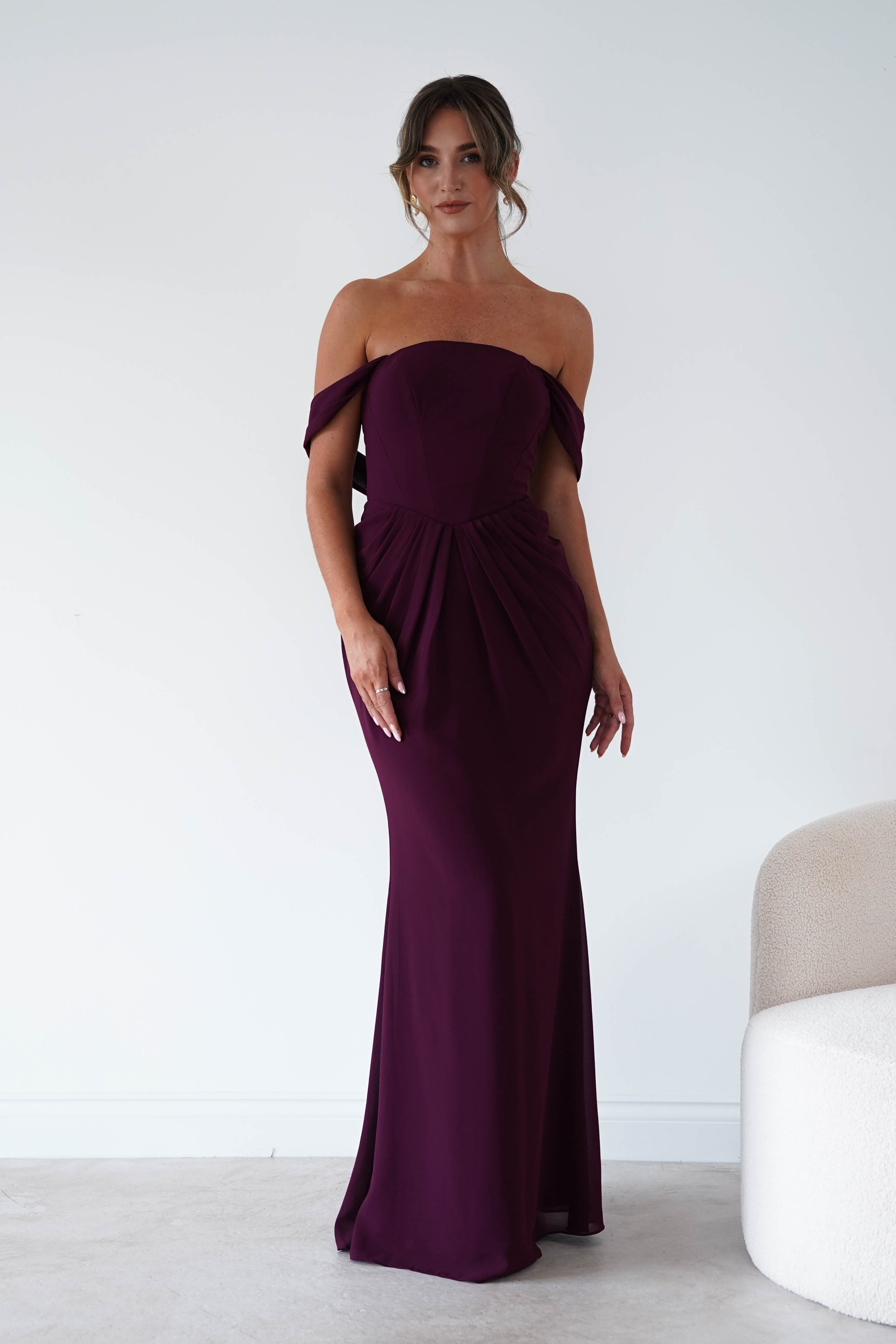 Oh Hello Clothing Women > Clothing > Dresses Willow Bardot Draped Maxi Dress | Wine
