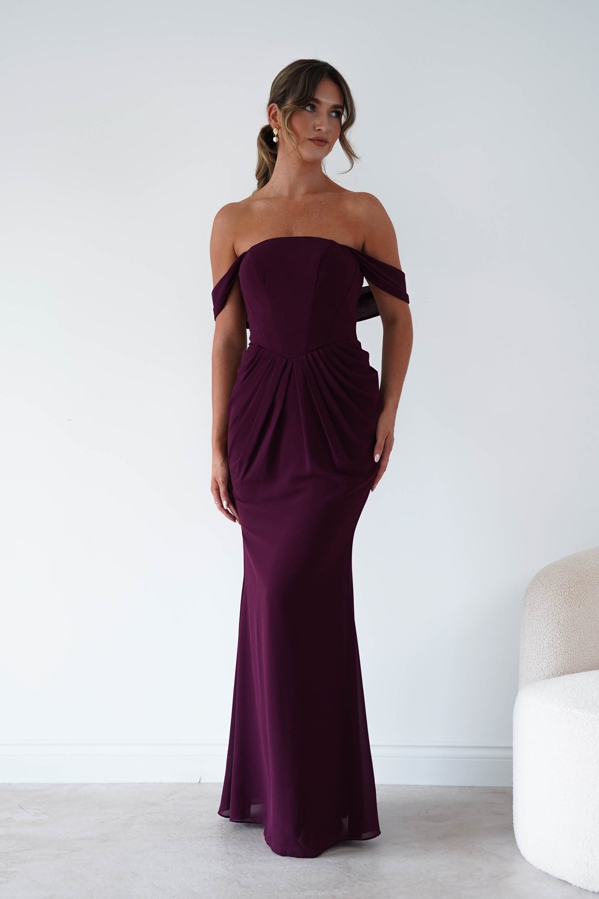 Oh Hello Clothing Women > Clothing > Dresses Willow Bardot Draped Maxi Dress | Wine