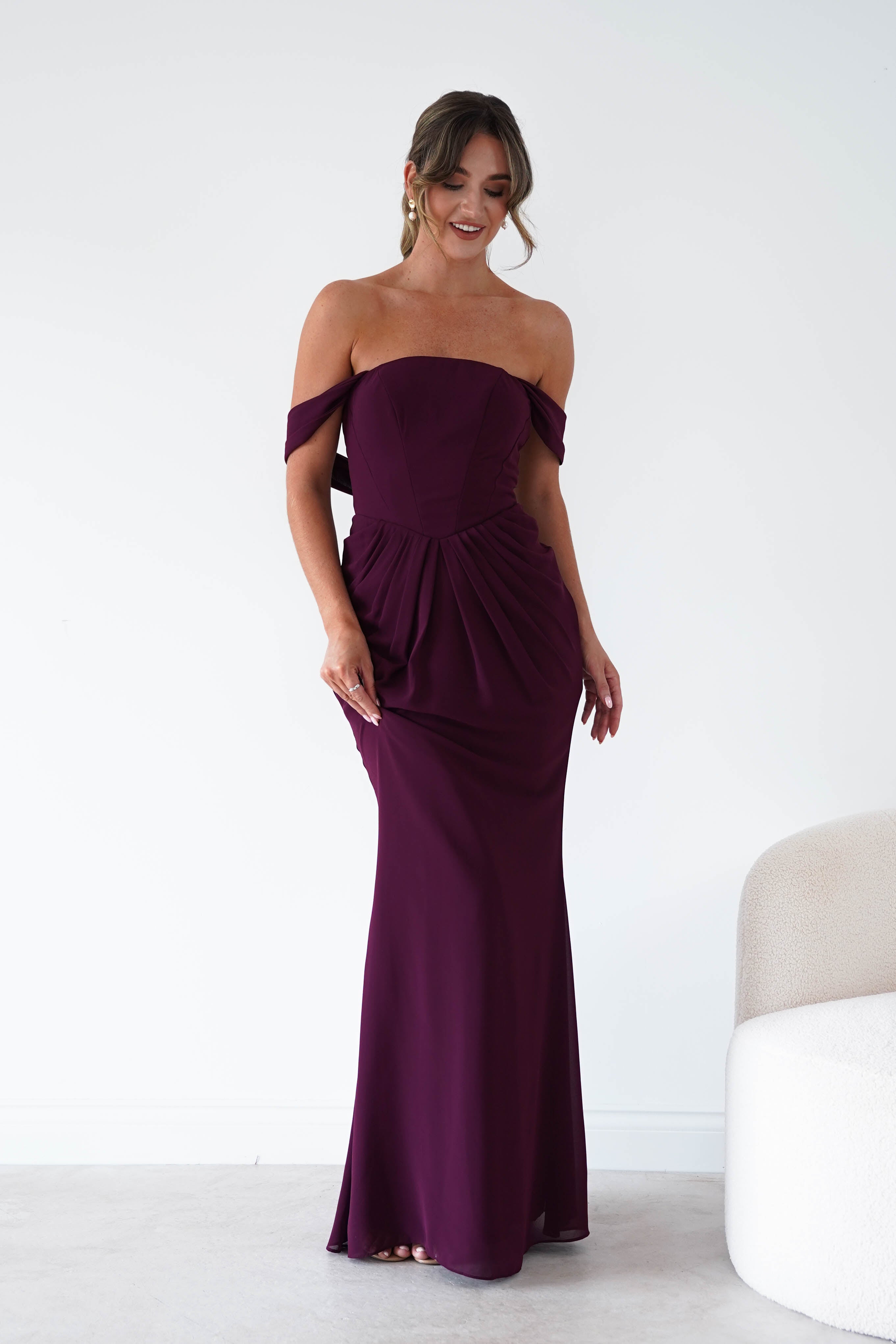 Oh Hello Clothing Women > Clothing > Dresses Willow Bardot Draped Maxi Dress | Wine