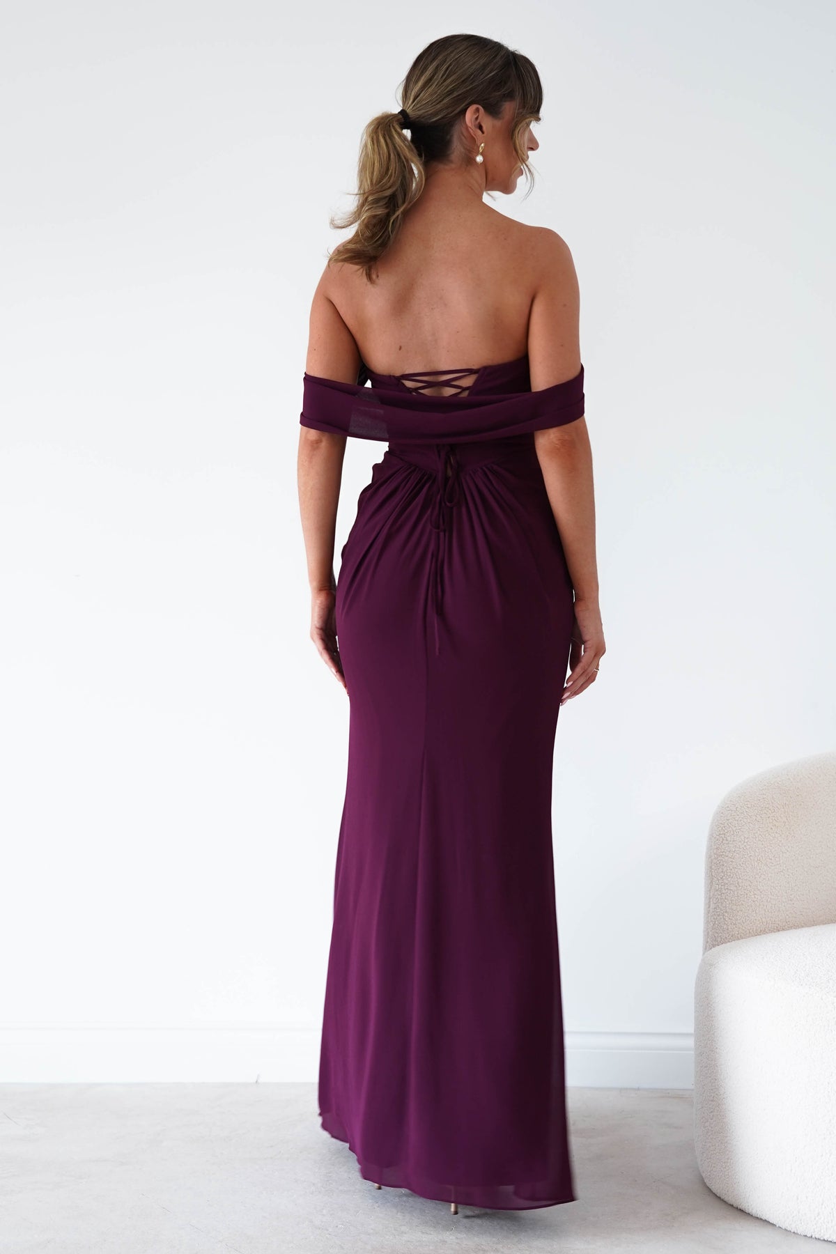Oh Hello Clothing Women > Clothing > Dresses Willow Bardot Draped Maxi Dress | Wine