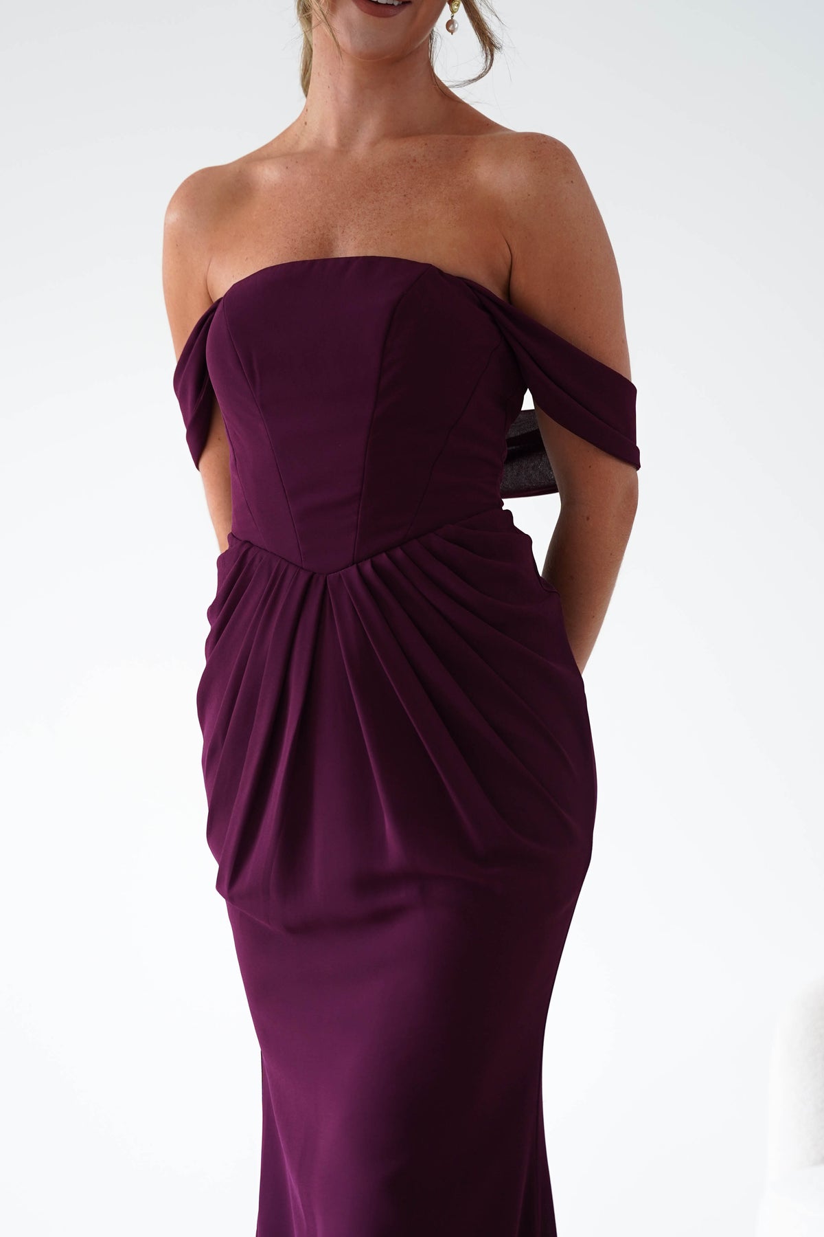 Oh Hello Clothing Women > Clothing > Dresses Willow Bardot Draped Maxi Dress | Wine