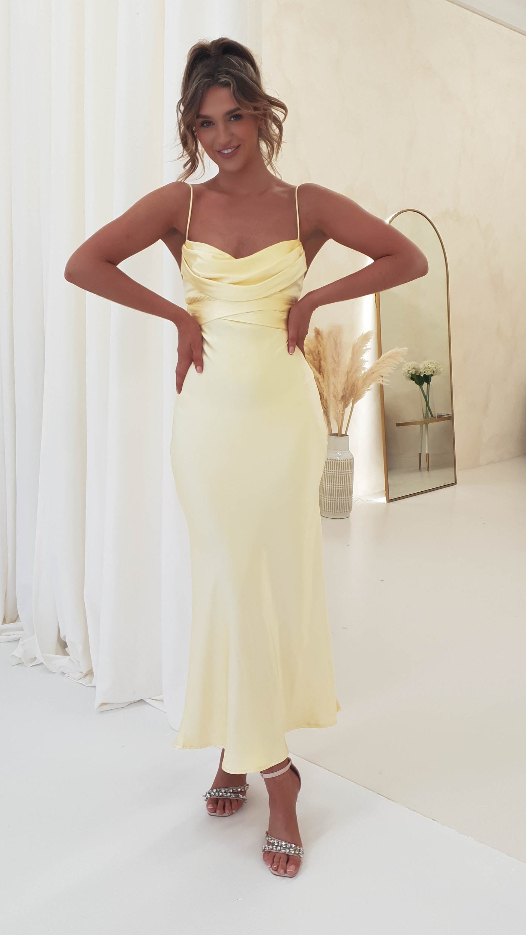 Everleigh Soft Satin Midi Dress | Butter Yellow | Wedding Guest Dress | Oh Hello Clothing