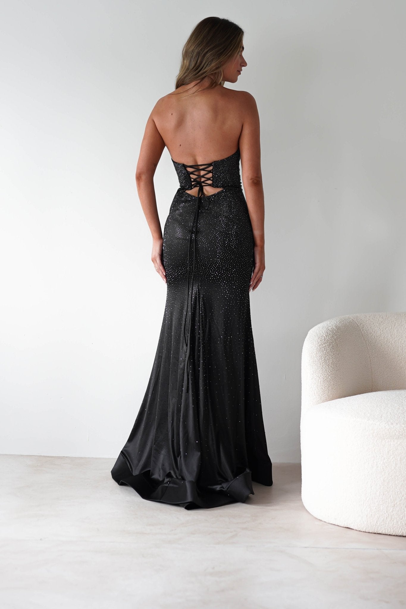 Zohra Cut Out Strapless Rhinestone Gown | Black | Debs & Prom | Formal Gown | Oh Hello Clothing