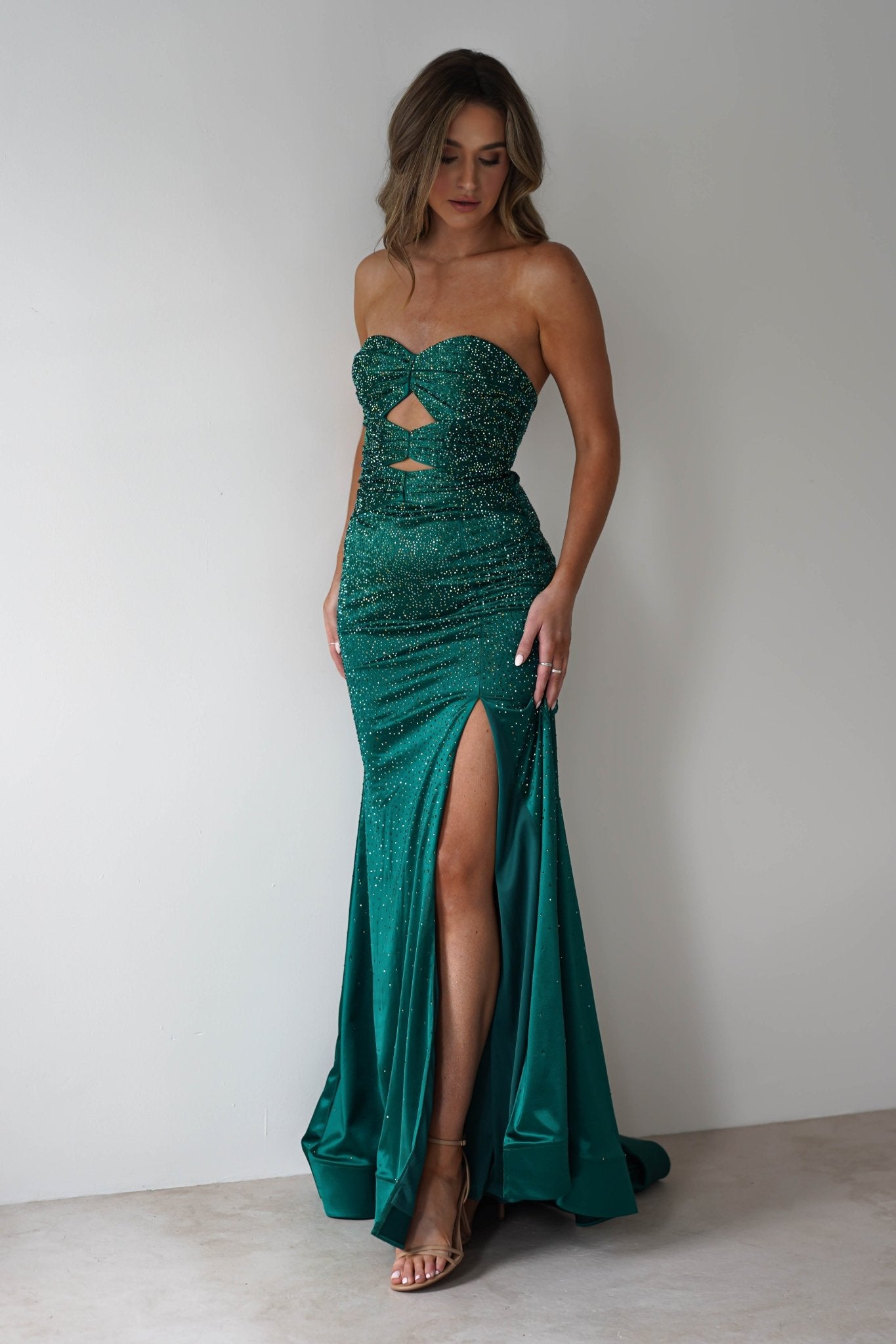 Zohra Cut Out Strapless Rhinestone Gown | Emerald | Debs & Prom | Formal Gown | Oh Hello Clothing