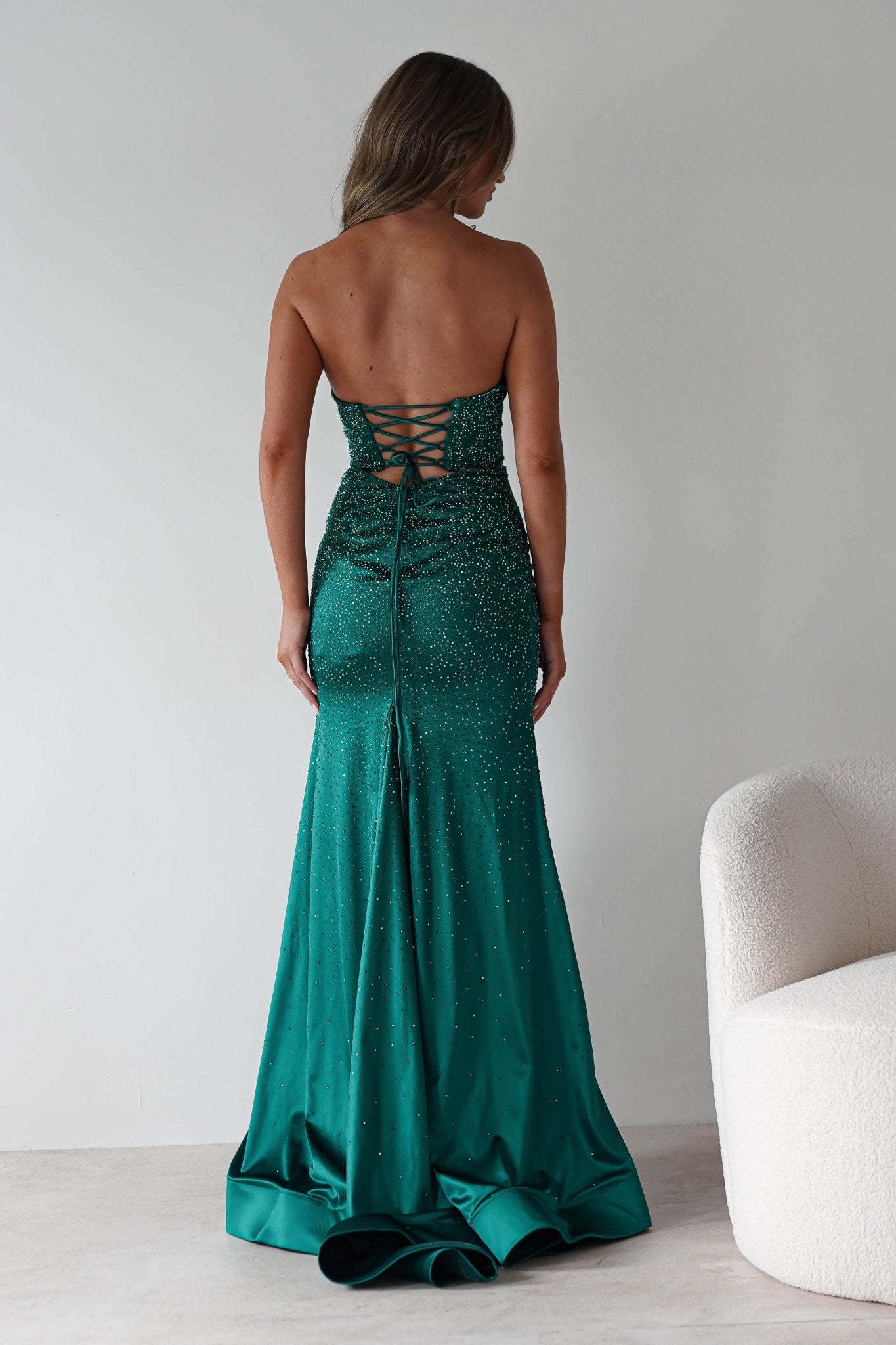 Zohra Cut Out Strapless Rhinestone Gown | Emerald | Debs & Prom | Formal Gown | Oh Hello Clothing