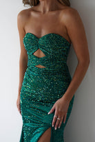 Zohra Cut Out Strapless Rhinestone Gown | Emerald | Debs & Prom | Formal Gown | Oh Hello Clothing