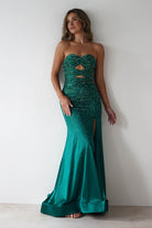 Zohra Cut Out Strapless Rhinestone Gown | Emerald | Debs & Prom | Formal Gown | Oh Hello Clothing