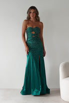 Zohra Cut Out Strapless Rhinestone Gown | Emerald | Debs & Prom | Formal Gown | Oh Hello Clothing