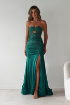 Zohra Cut Out Strapless Rhinestone Gown | Emerald | Debs & Prom | Formal Gown | Oh Hello Clothing