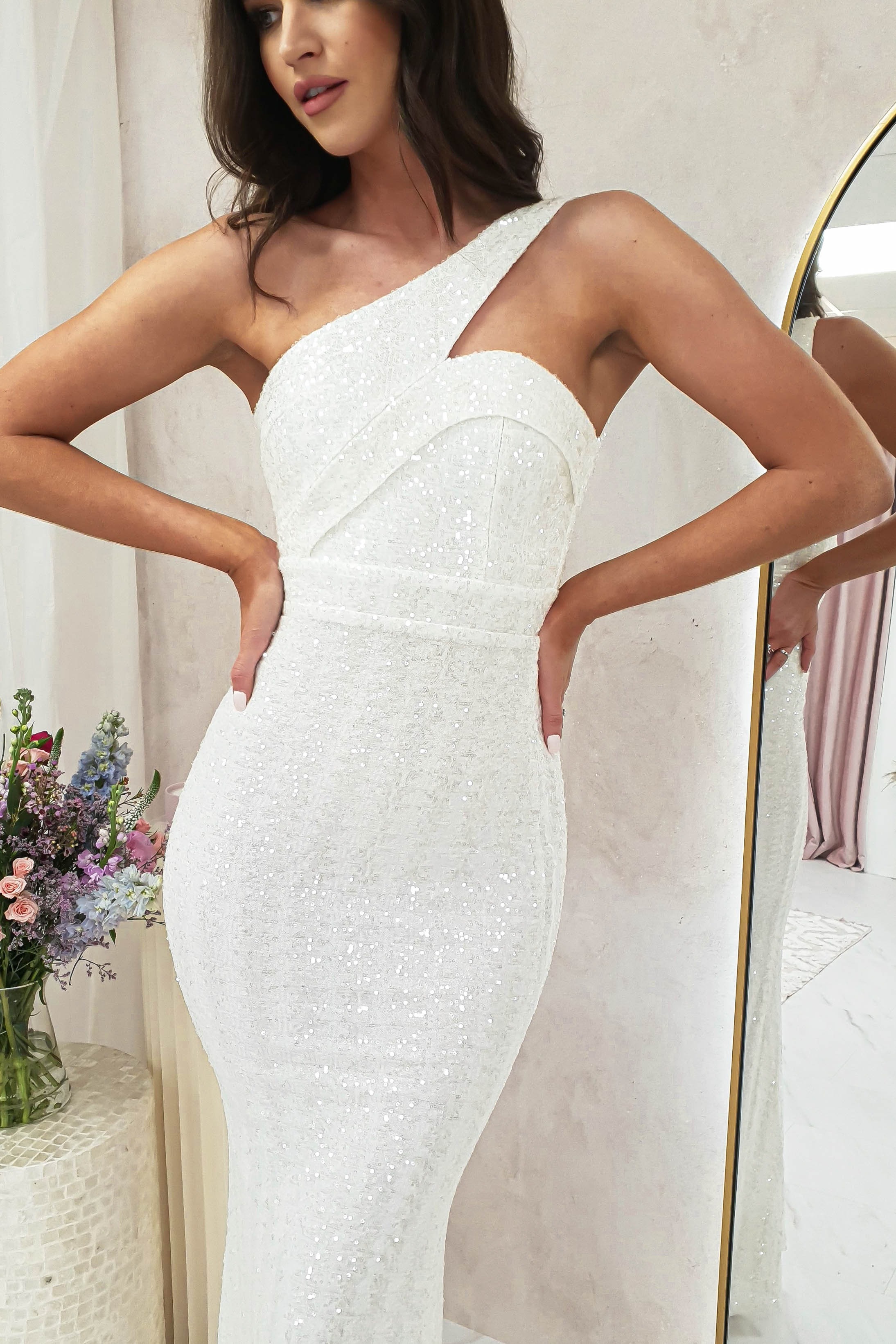 Chastine Sequin Gown | White | Graduation | Bride To Be Hen Dress | Oh Hello Clothing
