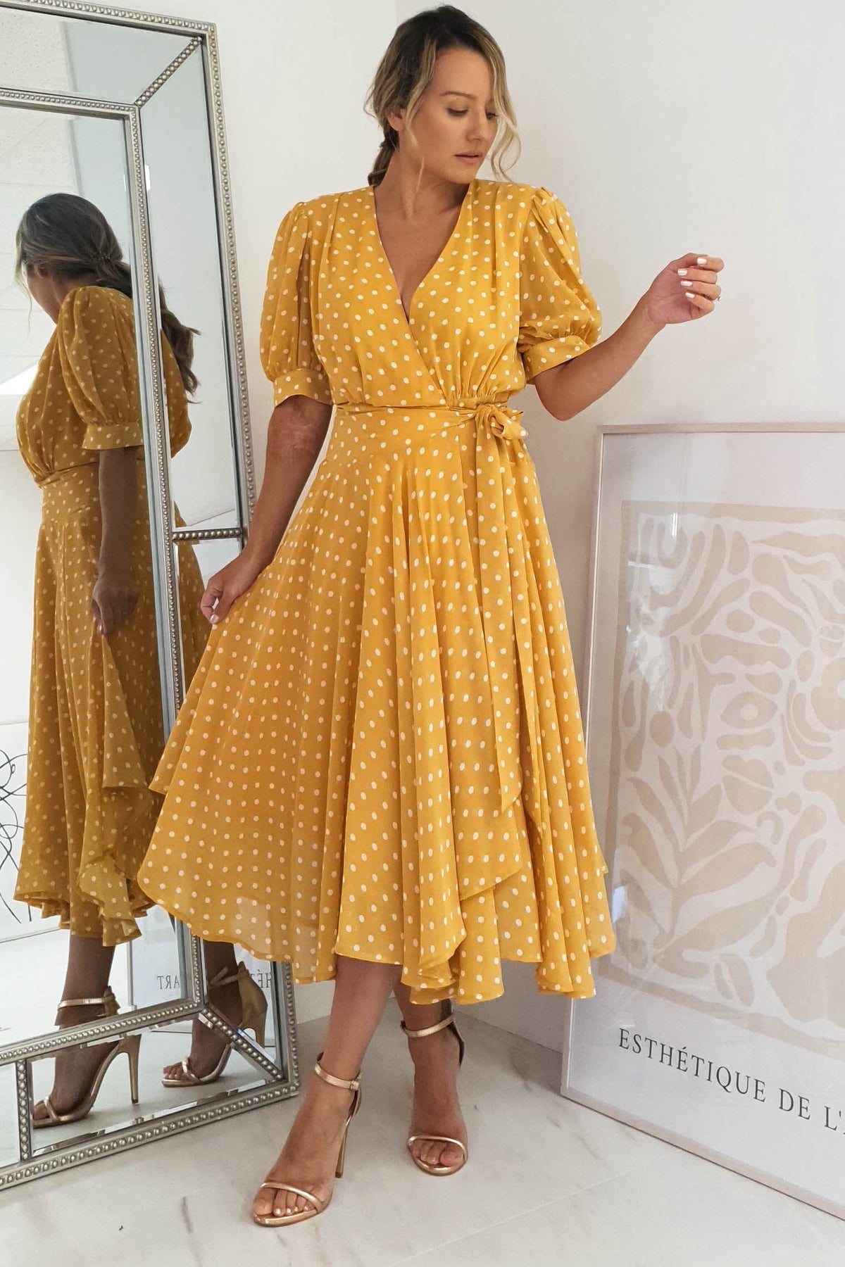 Andrea Polka Dot Midi Dress | Mustard-Oh Hello Clothing