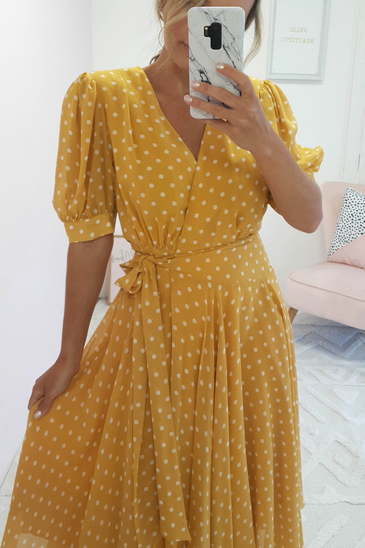Andrea Polka Dot Midi Dress | Mustard-Oh Hello Clothing