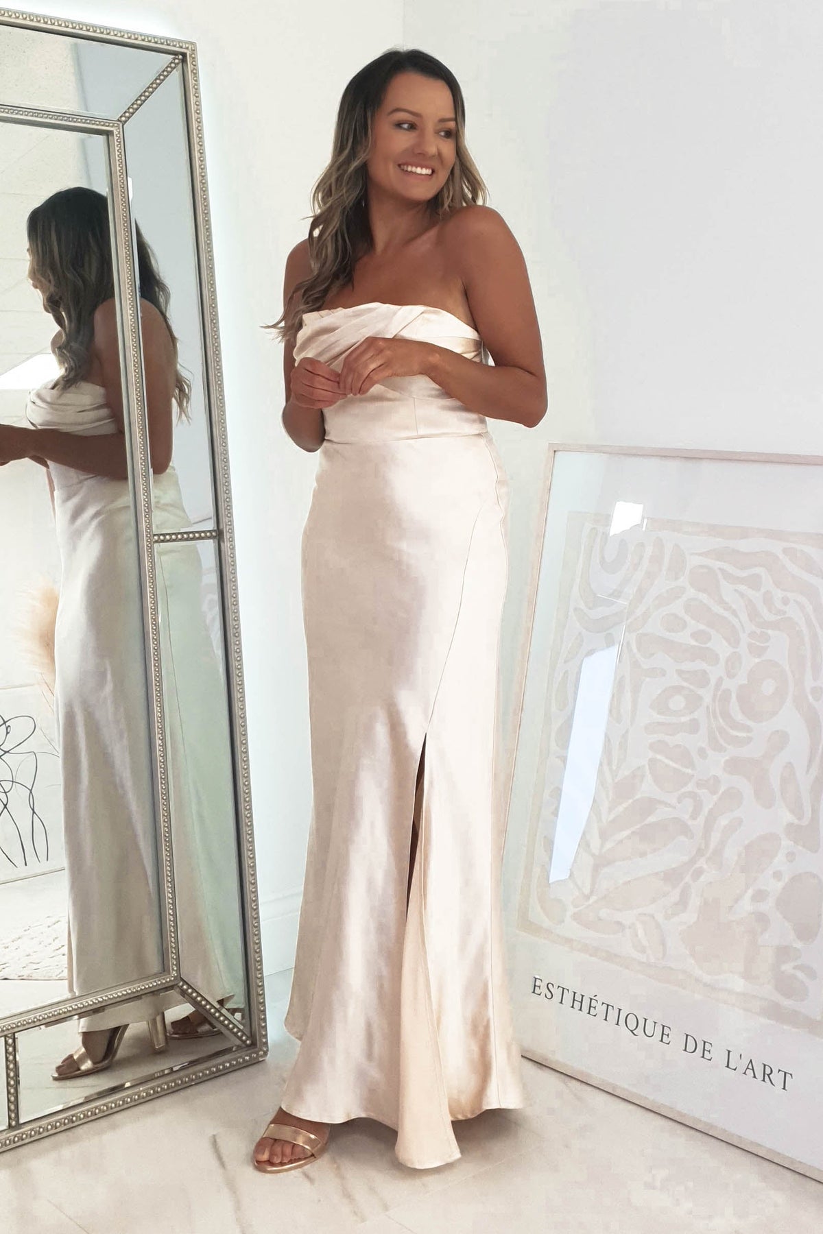 Everly Strapless Satin Midi Dress | Champange-Oh Hello Clothing