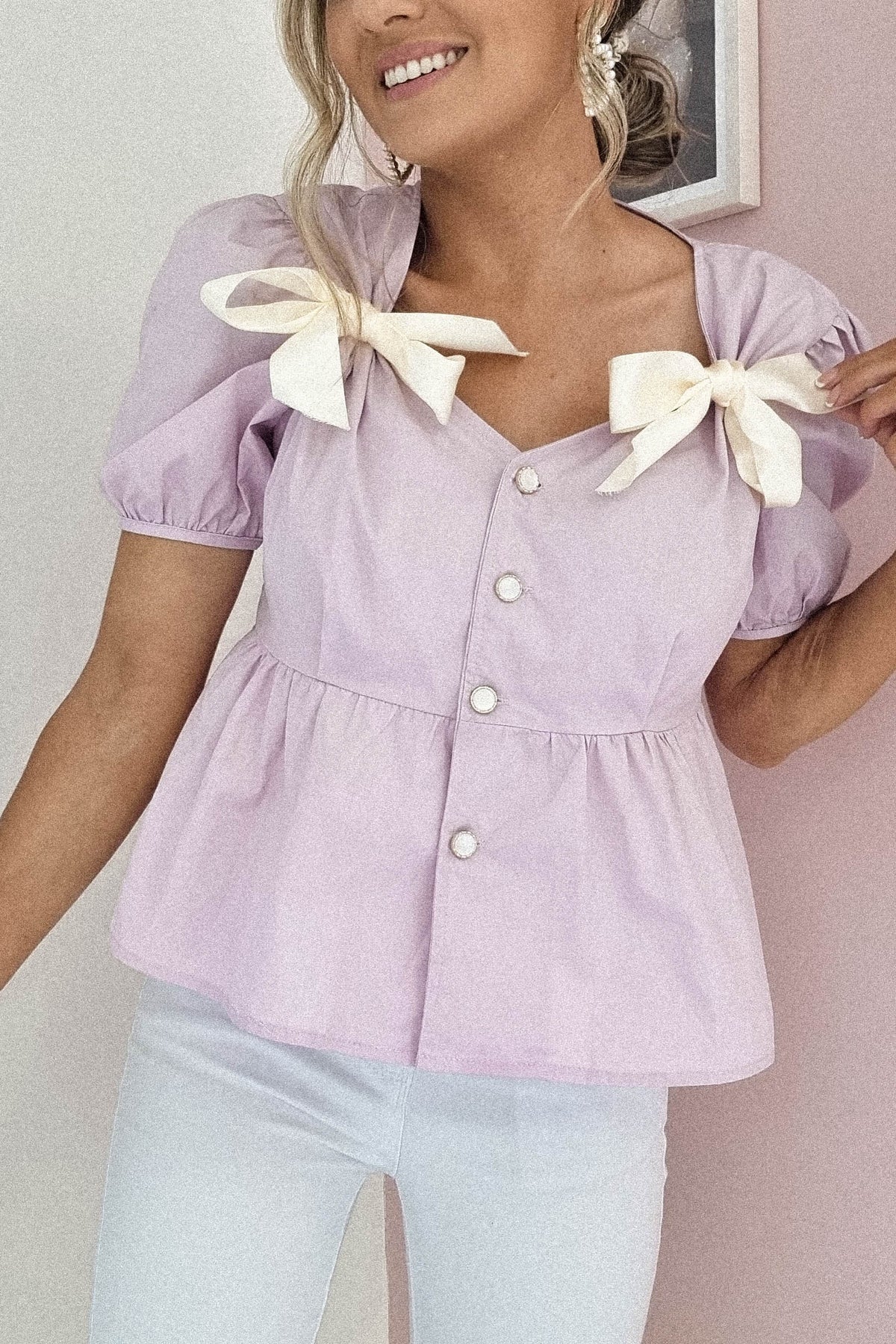 Minnie Bow Detail Blouse | Lilac-Oh Hello Clothing