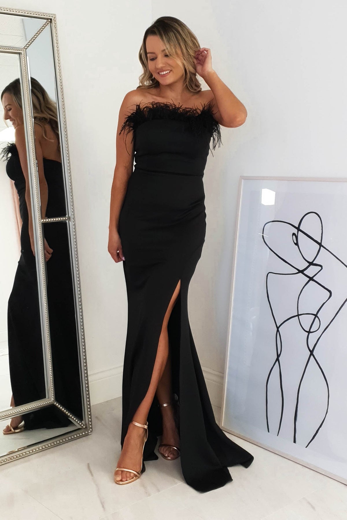 Nalani Feather Detail Gown | Black-Oh Hello Clothing