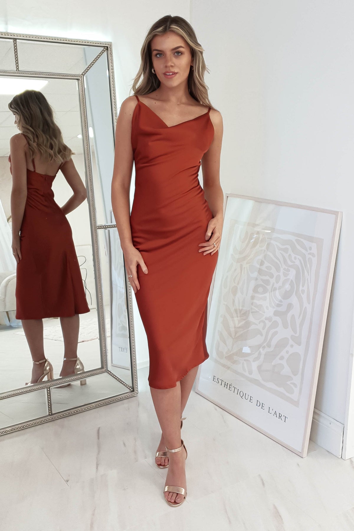 Natalie Satin Cowl Neck Midi Dress | Rust-Oh Hello Clothing