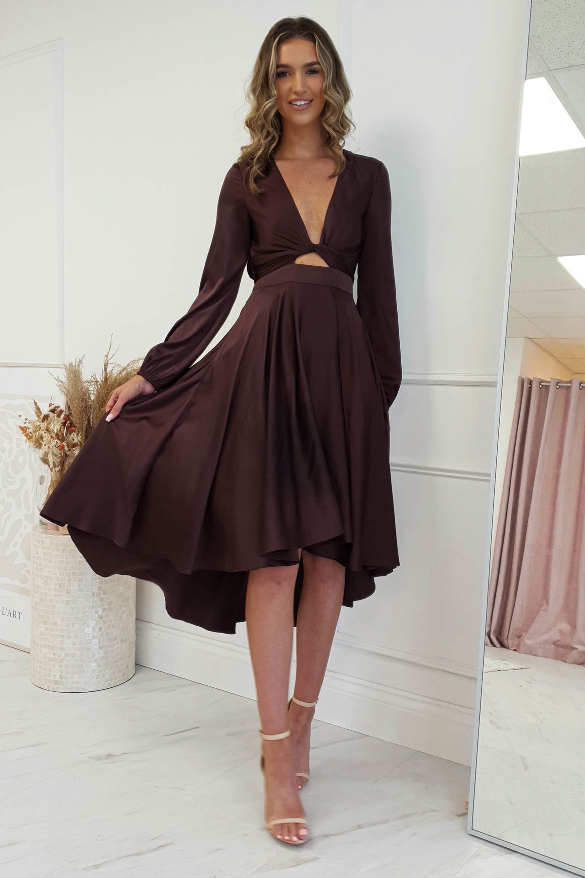 Nicola Satin Tie Front Midi Dress | Chocolate-Oh Hello Clothing