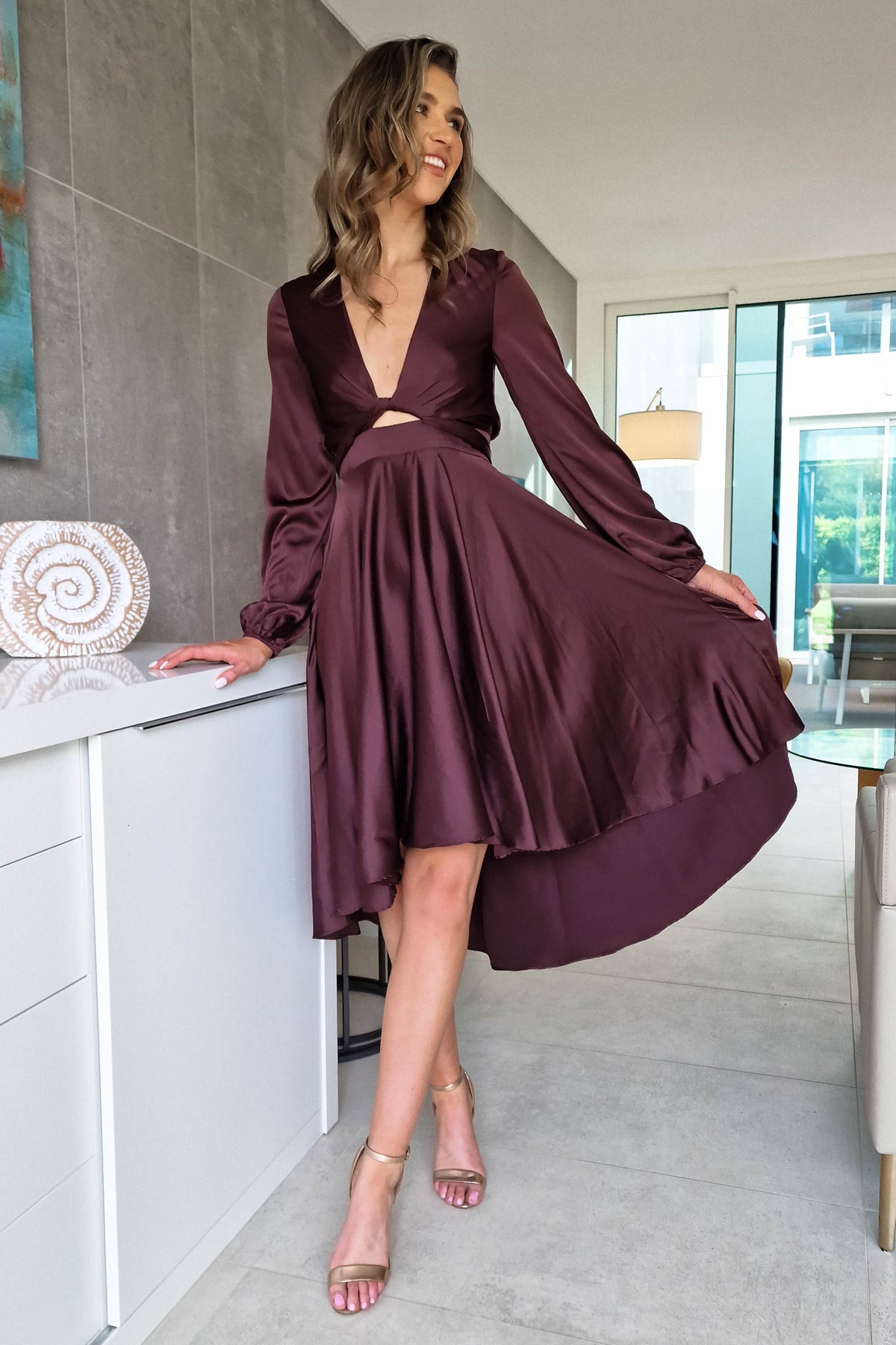 Nicola Satin Tie Front Midi Dress | Chocolate-Oh Hello Clothing