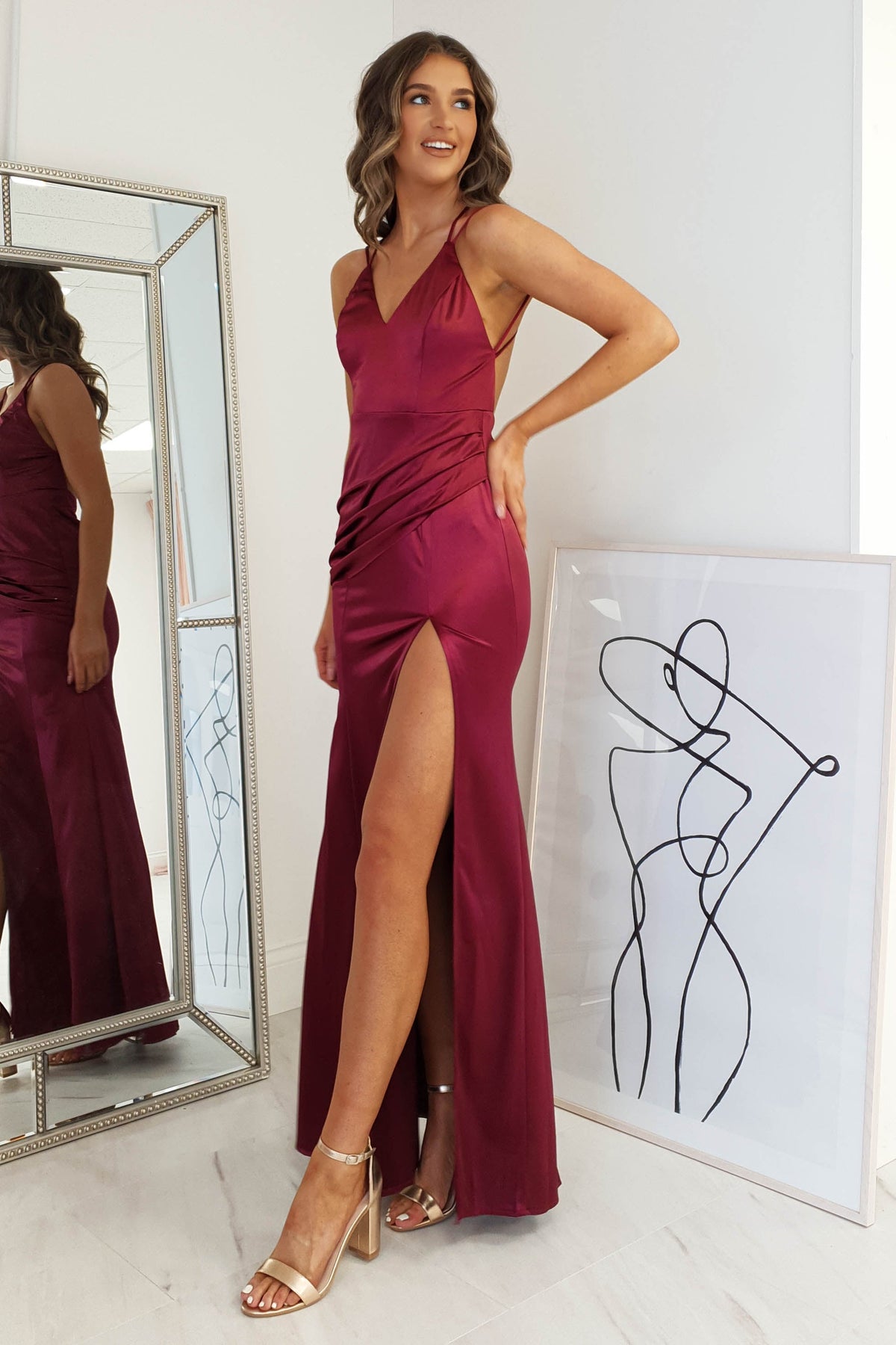 Simone Satin Gown | Burgundy-Oh Hello Clothing