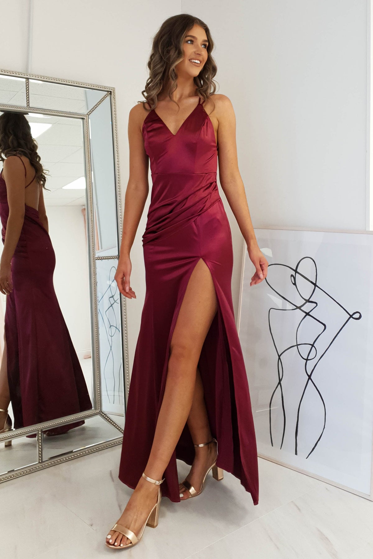 Simone Satin Gown | Burgundy-Oh Hello Clothing