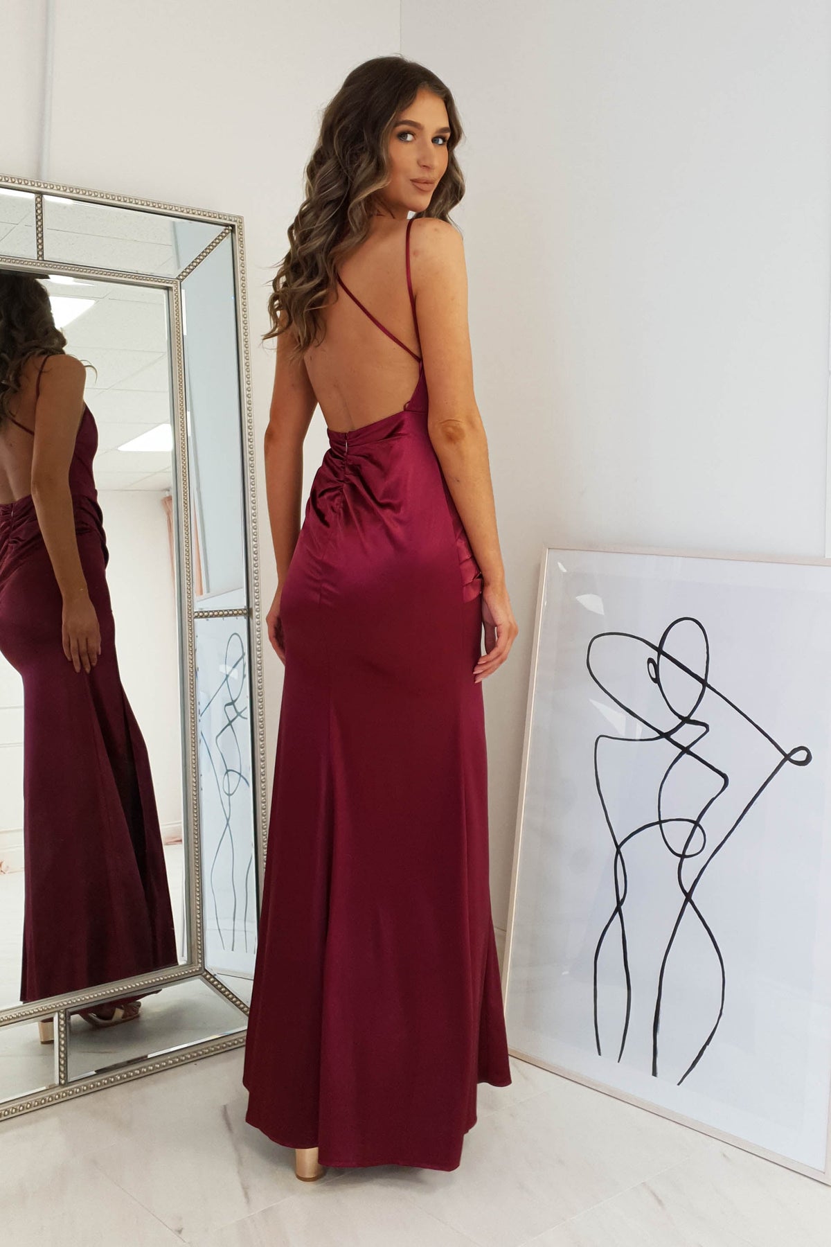 Simone Satin Gown | Burgundy-Oh Hello Clothing