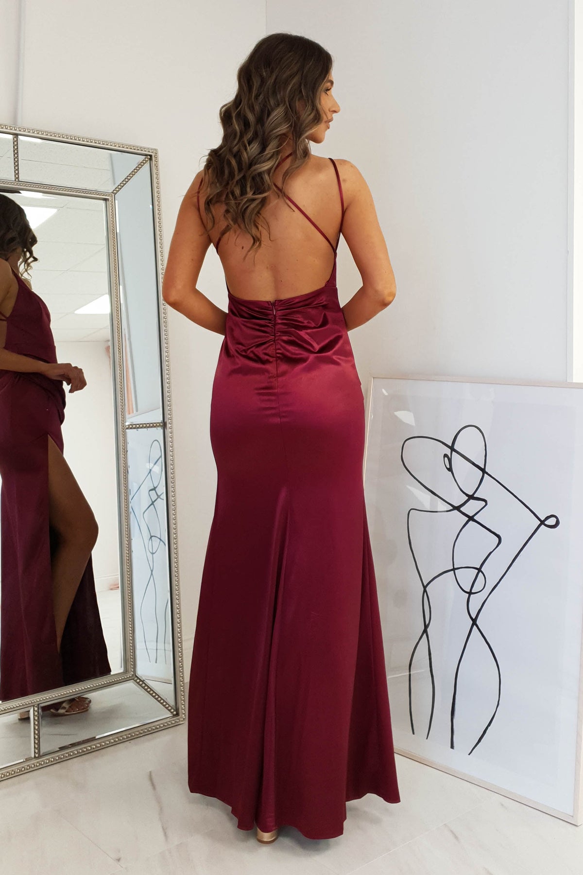 Simone Satin Gown | Burgundy-Oh Hello Clothing