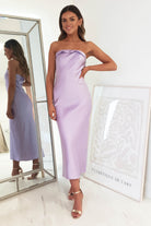 Allegra Lilac Strapless Satin Midi Dress | Oh Hello Clothing | Oh Hello Clothing