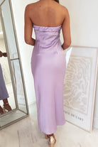 Allegra Lilac Strapless Satin Midi Dress | Oh Hello Clothing | Oh Hello Clothing