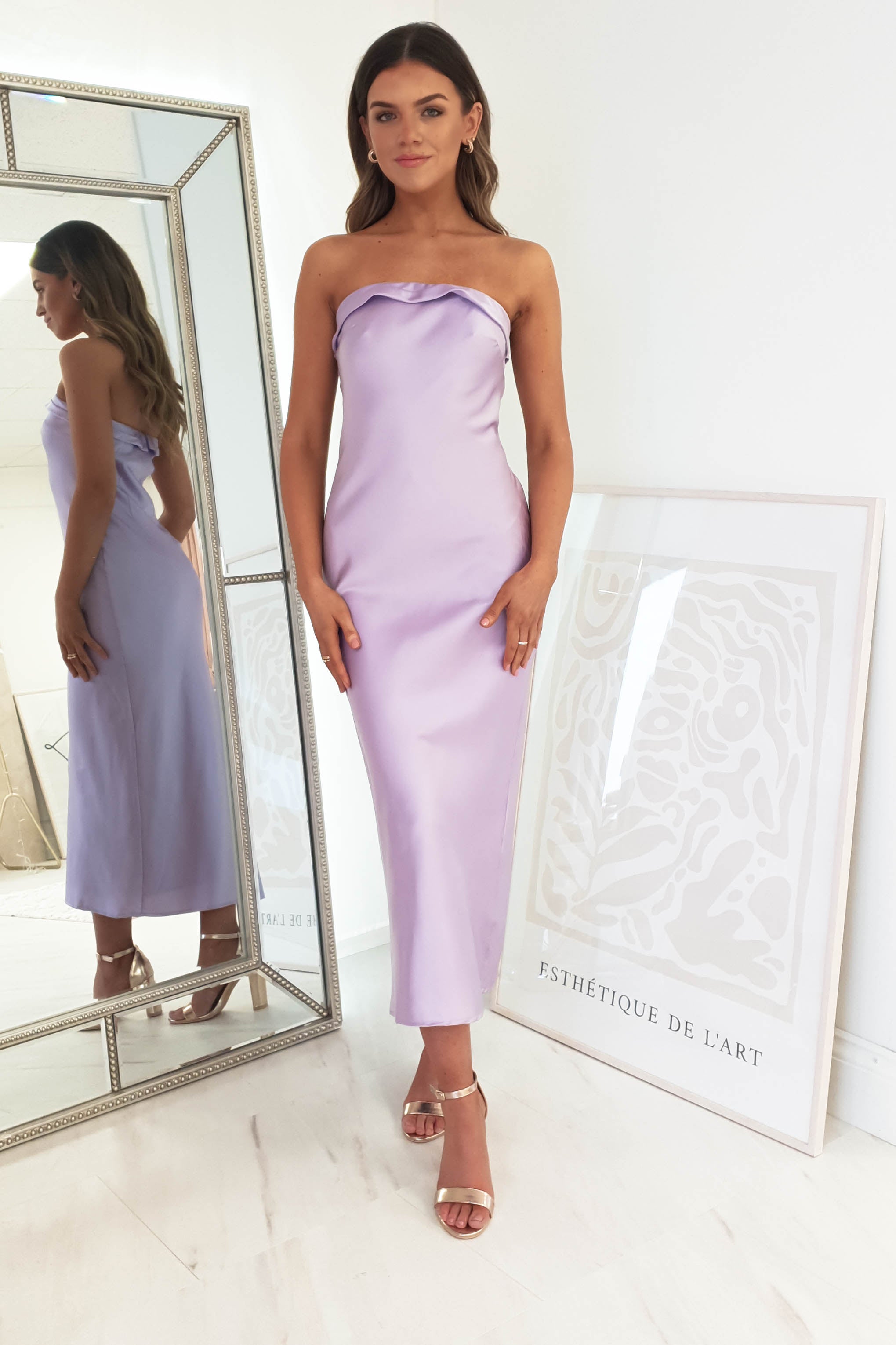Allegra Lilac Strapless Satin Midi Dress | Oh Hello Clothing | Oh Hello Clothing