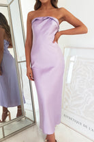 Allegra Lilac Strapless Satin Midi Dress | Oh Hello Clothing | Oh Hello Clothing