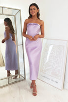 Allegra Lilac Strapless Satin Midi Dress | Oh Hello Clothing | Oh Hello Clothing