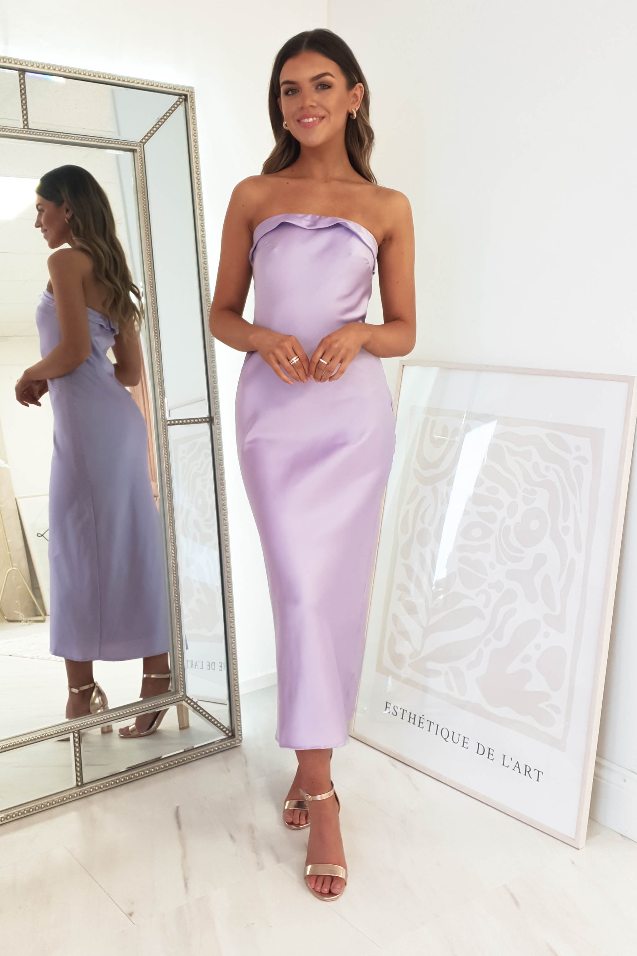 Allegra Lilac Strapless Satin Midi Dress | Oh Hello Clothing | Oh Hello Clothing
