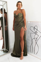 Cally High Slit Corset Gown | Olive | Debs & Prom | Formal Gown | Oh Hello Clothing