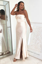 Everly Strapless Satin Midi Dress | Champange | Graduation | Bride To Be Hen Dress | Oh Hello Clothing