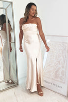 Everly Strapless Satin Midi Dress | Champange | Graduation | Bride To Be Hen Dress | Oh Hello Clothing
