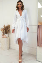 Nicola Satin Tie Front Midi Dress | White | Graduation | Bride To Be Hen Dress | Oh Hello Clothing