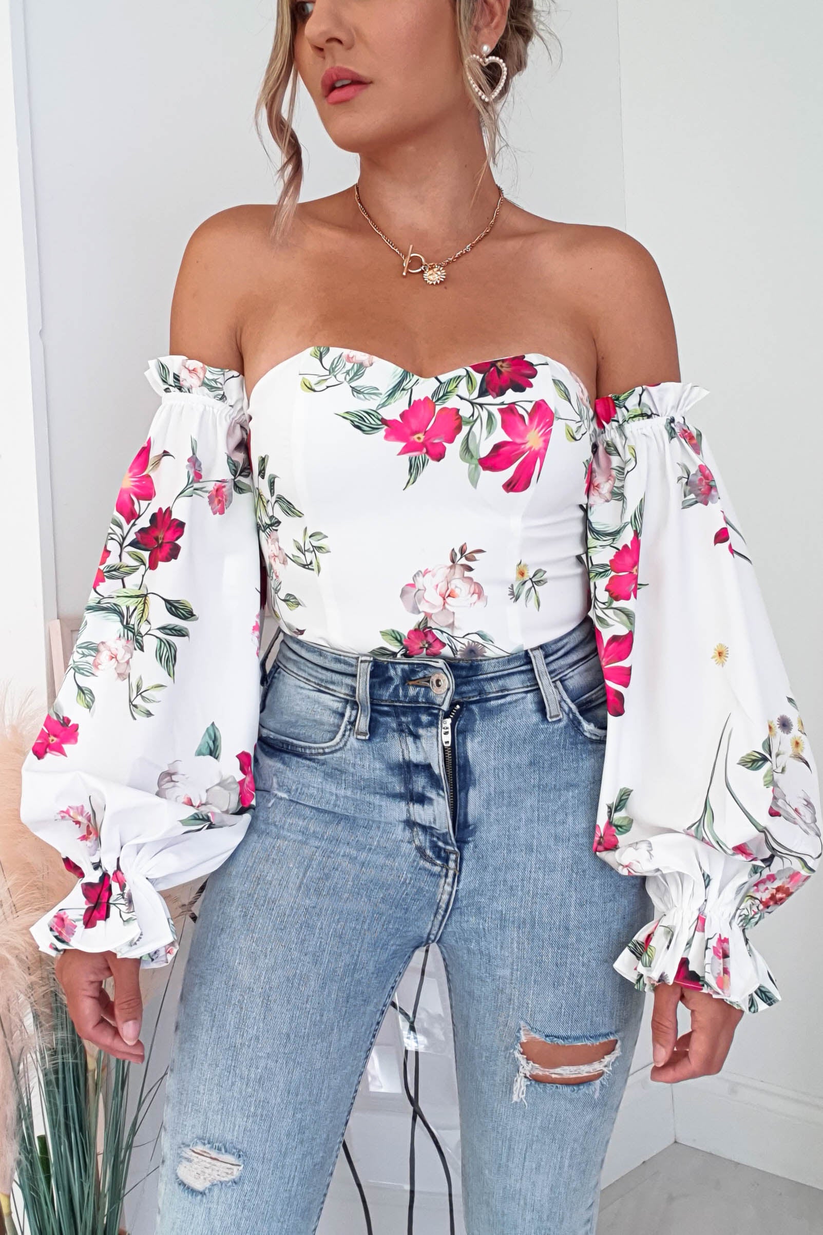 Shani Mixed Print Off-Shoulder Bodysuit | Oh Hello Clothing | Oh Hello Clothing