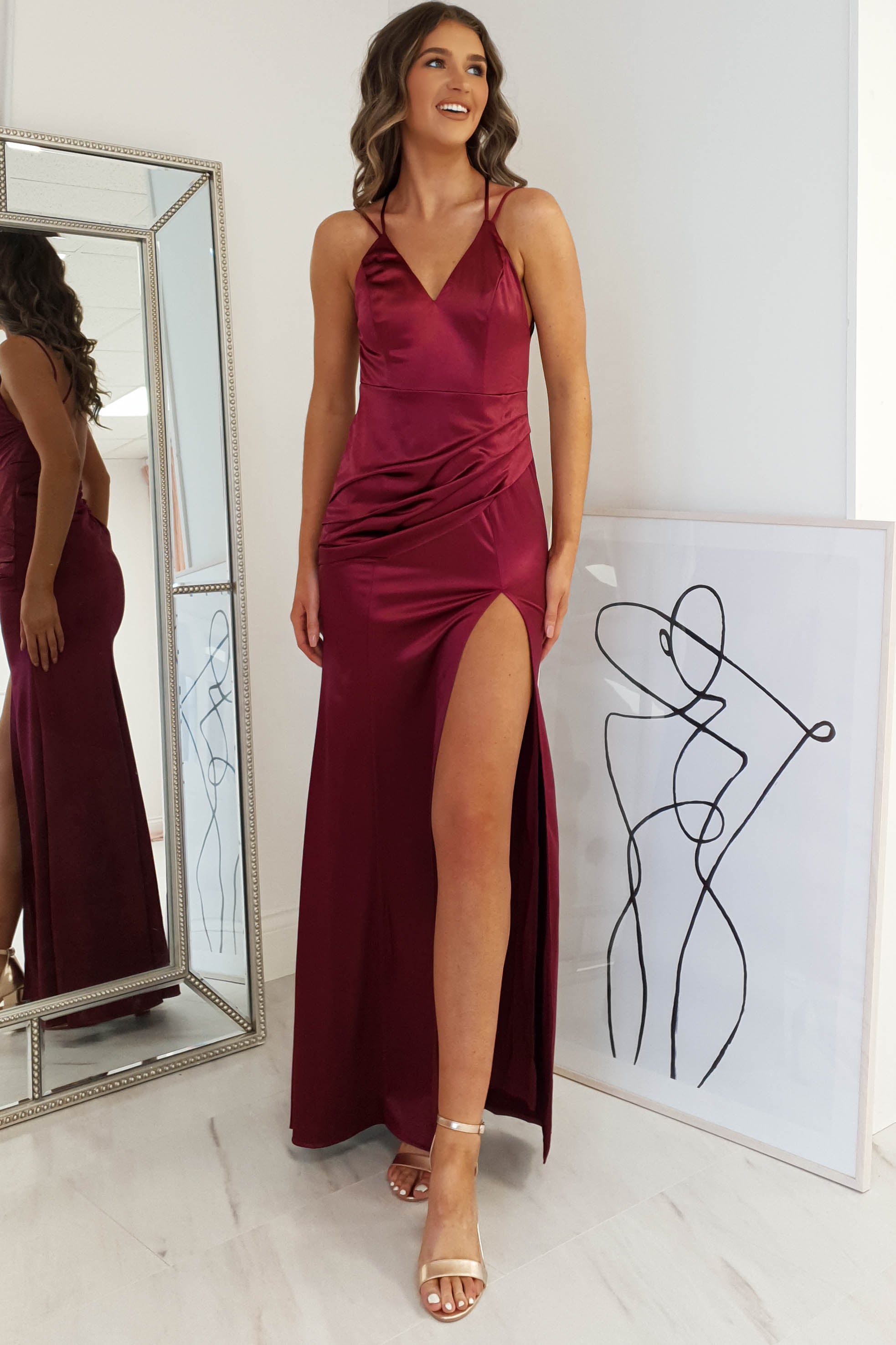Simone Satin Gown | Burgundy | Debs & Prom | Formal Gown | Oh Hello Clothing